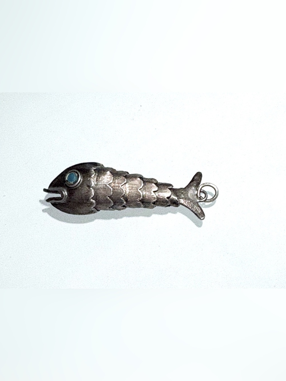 Rare Antique Mexican Sterling Silver Articulated Turquoise Fish Pendant - 1.75”